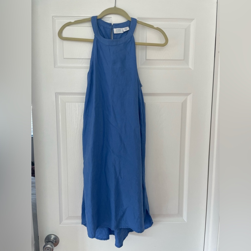 Blue 100% Linen Sleeveless Dress